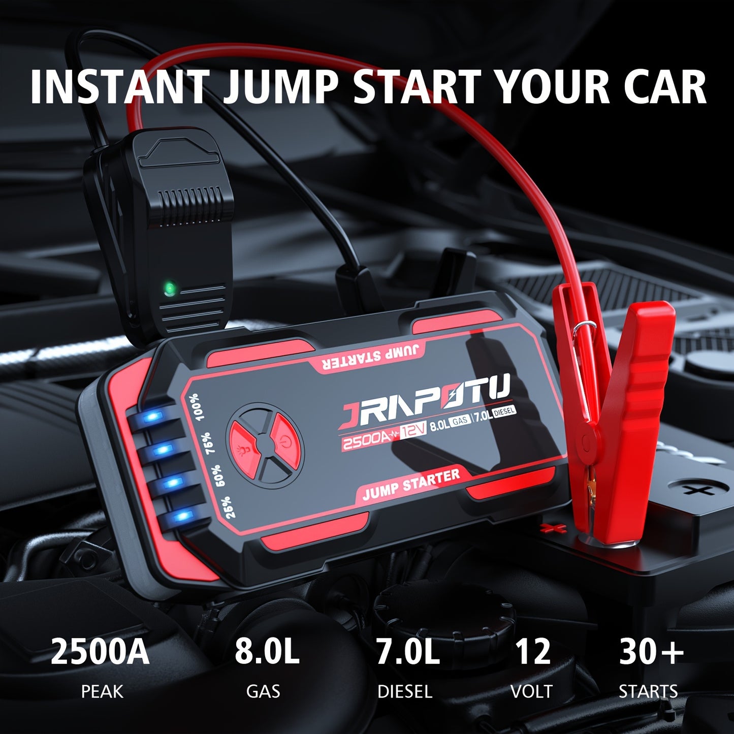 Car Battery Jump Starter 2500A Jump Box (2.11gal Gas/1.85gal Diesel) Portable Car Jump Starter Battery Pack, 12V Car Battery Jumper Starter With Safety Jumper Cables, Fast Charge, Lights, Compact