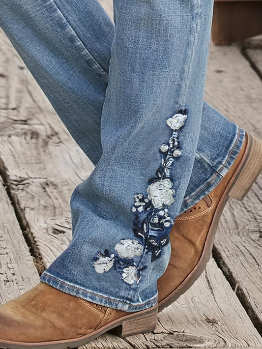 Womens Floral Bootcut Jeans - Super Stretch, Fashion-Forward Print, Side Pockets - Premium Denim Casual Pants for a Chic Wardrobe Staple