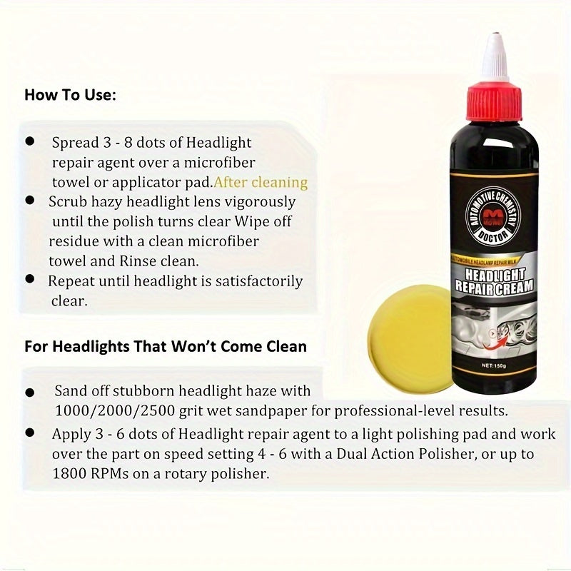 AutoMotive Chemical Doctor Headlight Repair Cream: Restores Oxidized, Yellowed, Scratched, Blurred Headlights - Enhances Crystal Plating - 150g