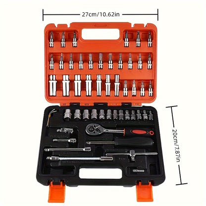 151-Piece Professional Automotive Tool Set with 53-Piece Chrome Vanadium Steel Ratcheting Wrenches and Screwdriver Kit for Car, Motorcycle, and Bicycle Maintenance - Stainless Steel Auto Repair Tools