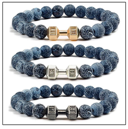 High Quality Men Beaded Bracelet Natural Black Lava Stone Dumbbell Charm Bracelets Energy Fitness Barbell Fashion Women Jewelry