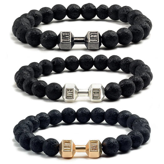 High Quality Men Beaded Bracelet Natural Black Lava Stone Dumbbell Charm Bracelets Energy Fitness Barbell Fashion Women Jewelry