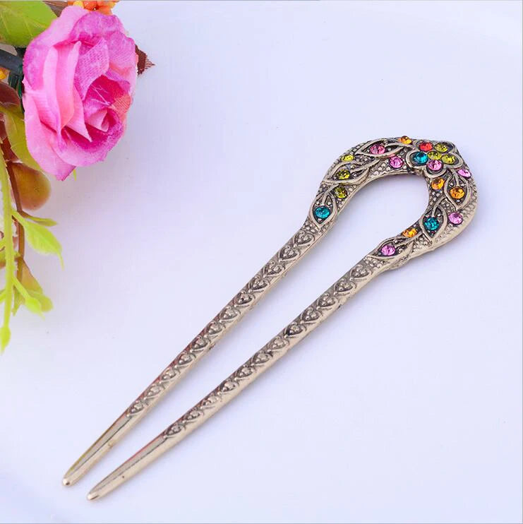 Vintage Antique Bronze Plated U-Shape Hairpin - Rhinestone Flower Hair Stick