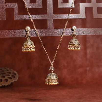 Vintage Indian Wedding Jewelry Set - Gold Carved Bells Necklace & Statement Dangle Earrings