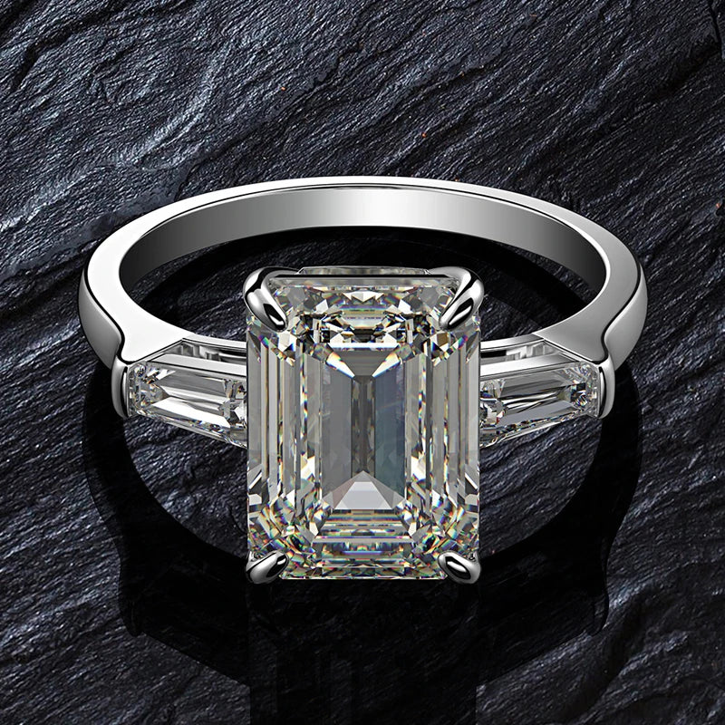 Sterling Silver Emerald Cut Created Moissanite Gemstone Wedding Engagement Diamonds Ring