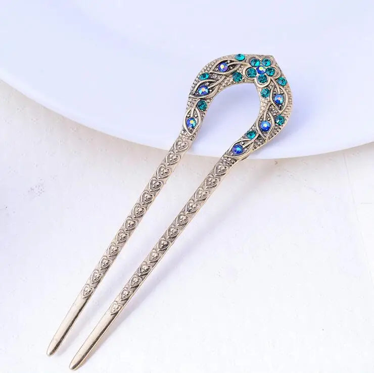 Vintage Antique Bronze Plated U-Shape Hairpin - Rhinestone Flower Hair Stick