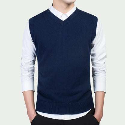 Men Autumn Winter Solid Color Sleeveless V Neck Knitted Sweater Business Vest