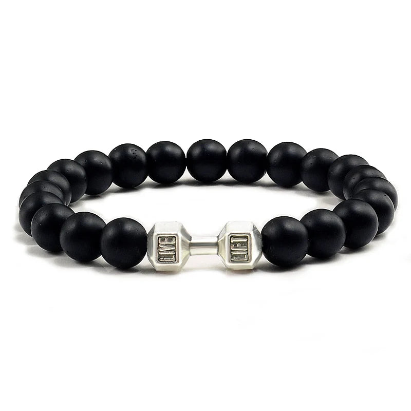 High Quality Men Beaded Bracelet Natural Black Lava Stone Dumbbell Charm Bracelets Energy Fitness Barbell Fashion Women Jewelry