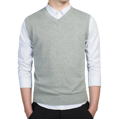 Men Autumn Winter Solid Color Sleeveless V Neck Knitted Sweater Business Vest