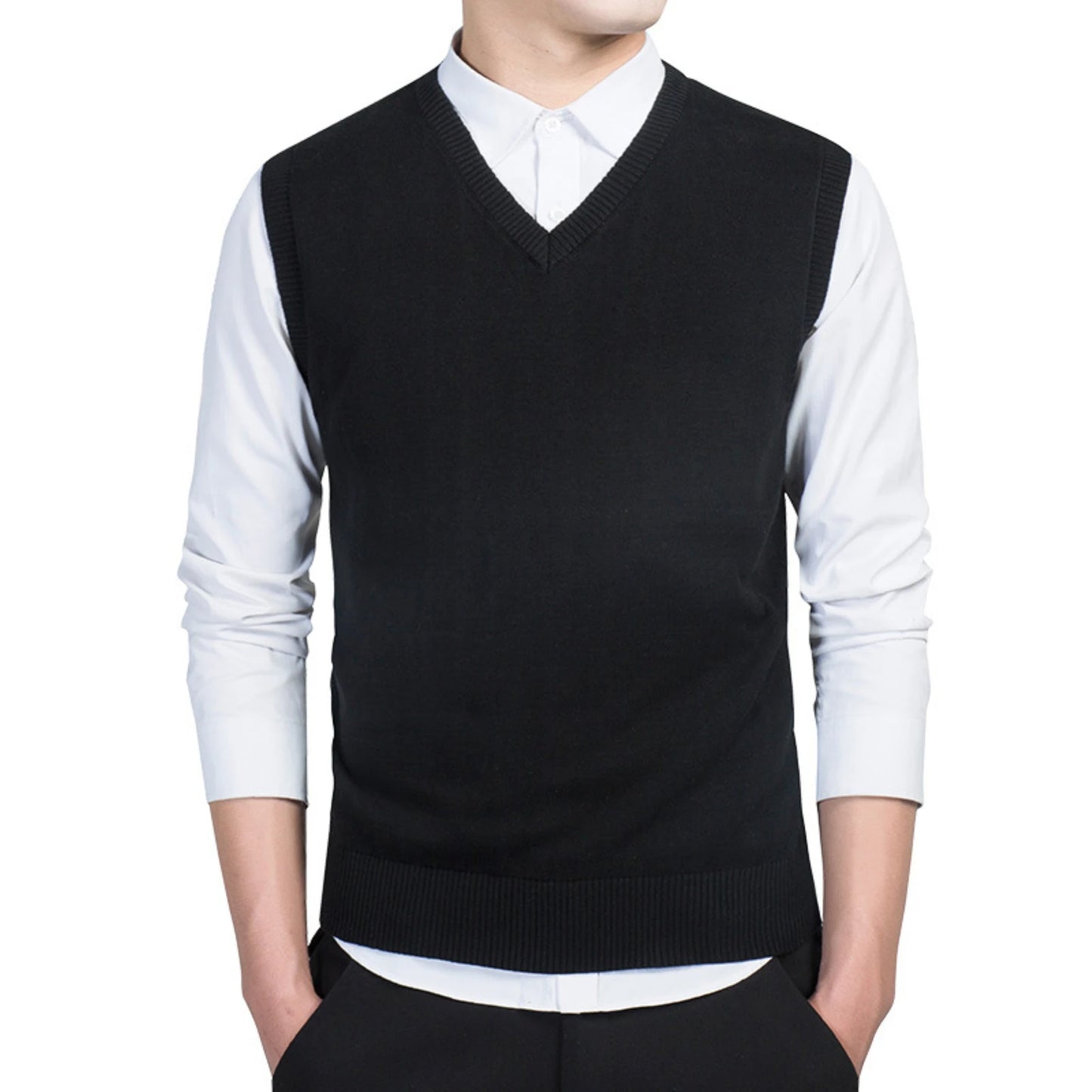 Men Autumn Winter Solid Color Sleeveless V Neck Knitted Sweater Business Vest