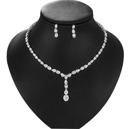 Elegant Oval and Teardrop Cubic Zirconia Crystal Necklace and Drop Earring Wedding Jewelry