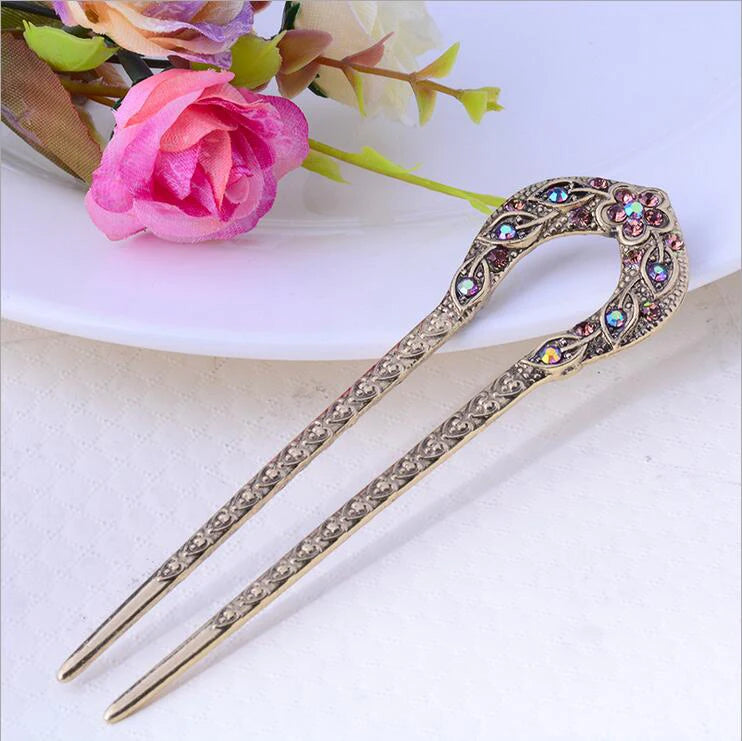 Vintage Antique Bronze Plated U-Shape Hairpin - Rhinestone Flower Hair Stick