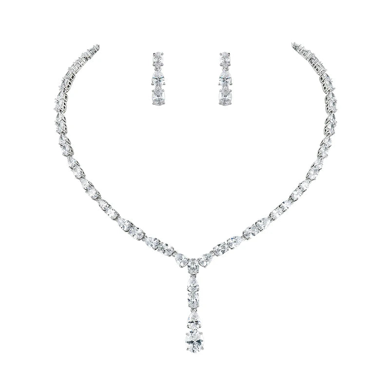 Elegant Oval and Teardrop Cubic Zirconia Crystal Necklace and Drop Earring Wedding Jewelry