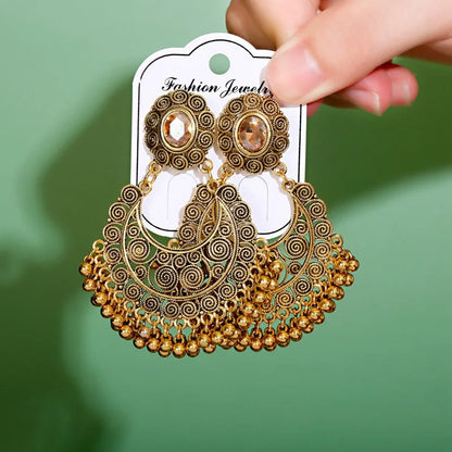 Vintage Gold Carved Flower Indian Jhumka Earrings with Ethnic Gypsy Tassels