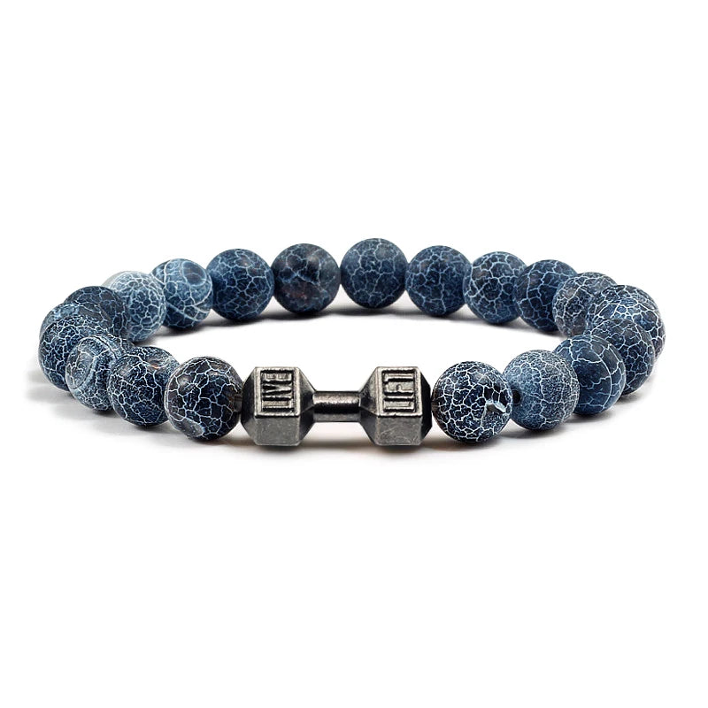 High Quality Men Beaded Bracelet Natural Black Lava Stone Dumbbell Charm Bracelets Energy Fitness Barbell Fashion Women Jewelry