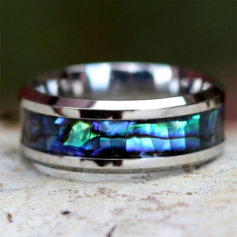 Fashion 8mm Stainless Steel Men Rings Silver Color Brushed Inlaid Abalone Shell Men Wedding Band Jewelry Gift Drop Shipping