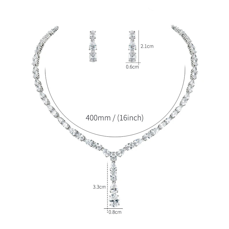 Elegant Oval and Teardrop Cubic Zirconia Crystal Necklace and Drop Earring Wedding Jewelry