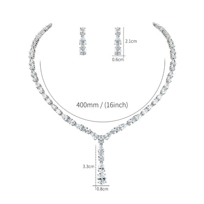 Elegant Oval and Teardrop Cubic Zirconia Crystal Necklace and Drop Earring Wedding Jewelry