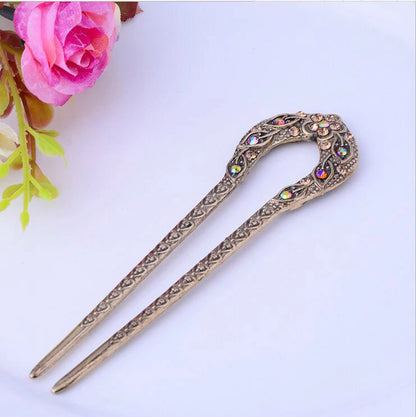 Vintage Antique Bronze Plated U-Shape Hairpin - Rhinestone Flower Hair Stick