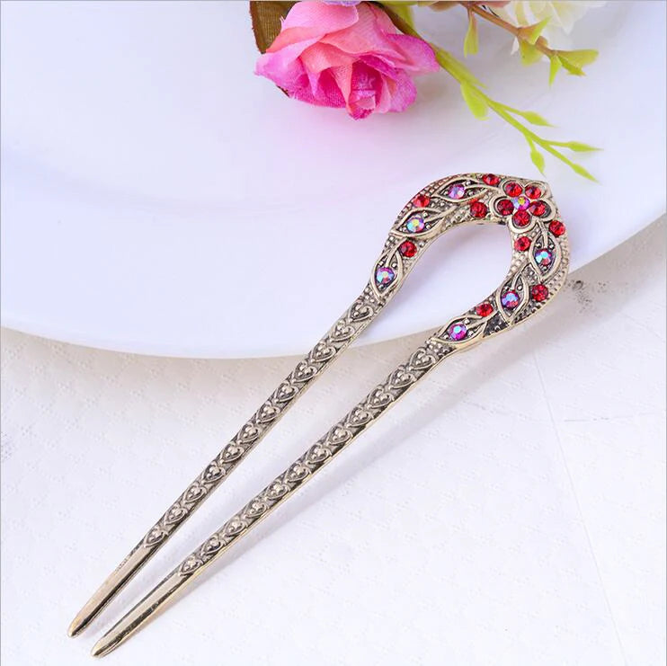 Vintage Antique Bronze Plated U-Shape Hairpin - Rhinestone Flower Hair Stick