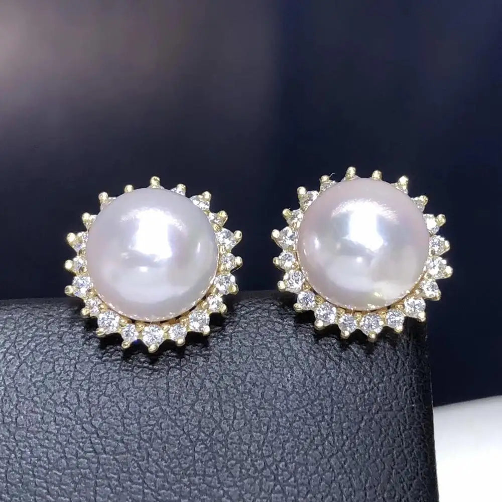 Pure 18K White Gold Natural Japan Origin Akoya 9-8mm White Round Pearl Earrings