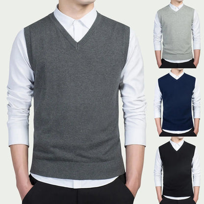 Men Autumn Winter Solid Color Sleeveless V Neck Knitted Sweater Business Vest