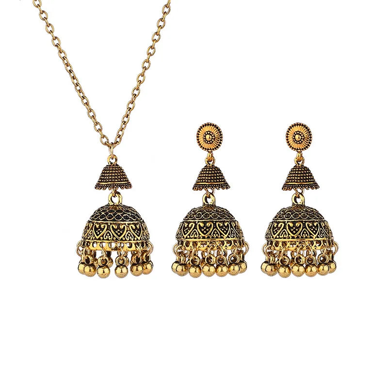 Vintage Indian Wedding Jewelry Set - Gold Carved Bells Necklace & Statement Dangle Earrings