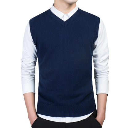 Men Autumn Winter Solid Color Sleeveless V Neck Knitted Sweater Business Vest