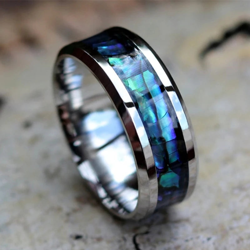 Fashion 8mm Stainless Steel Men Rings Silver Color Brushed Inlaid Abalone Shell Men Wedding Band Jewelry Gift Drop Shipping