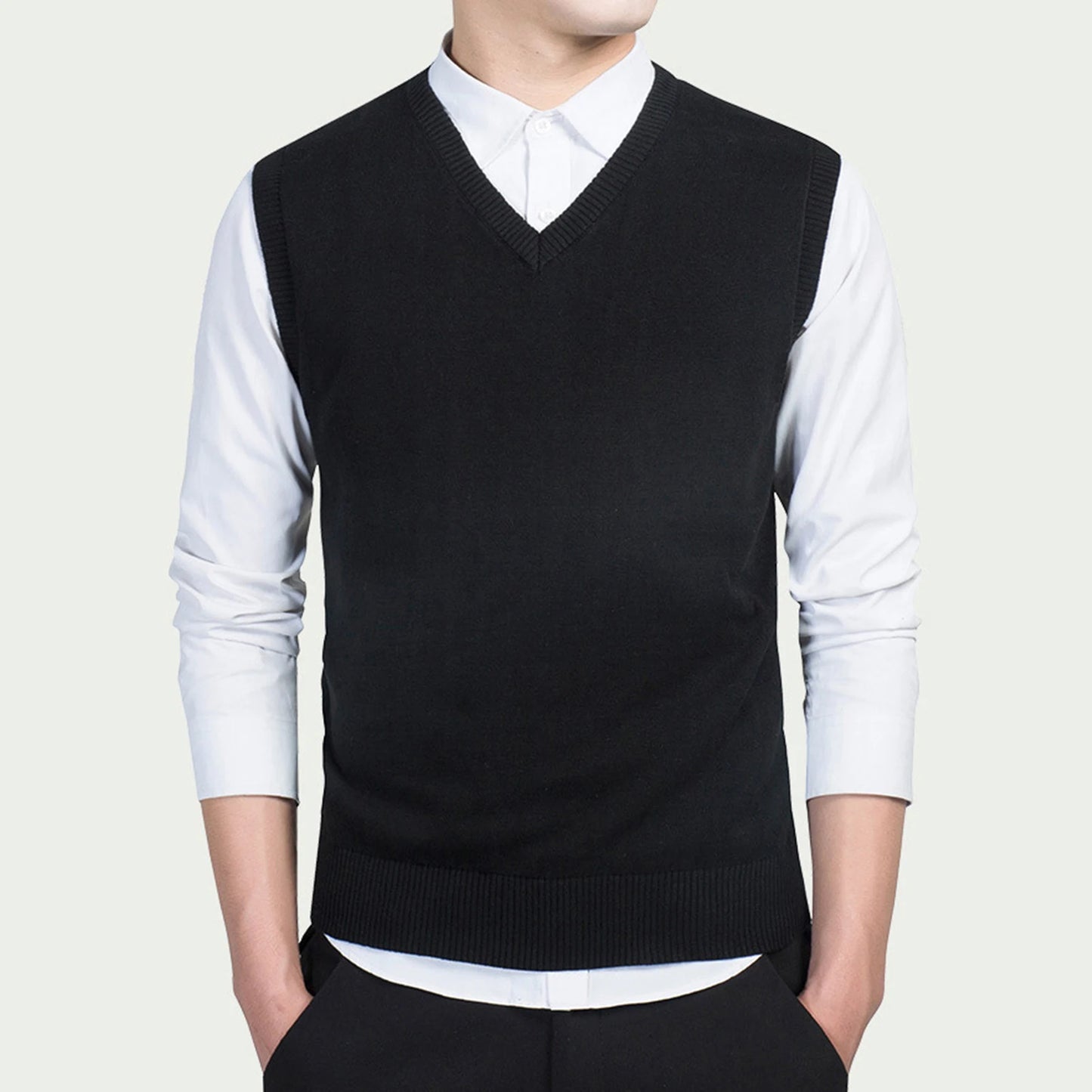 Men Autumn Winter Solid Color Sleeveless V Neck Knitted Sweater Business Vest