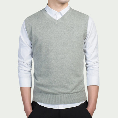 Men Autumn Winter Solid Color Sleeveless V Neck Knitted Sweater Business Vest