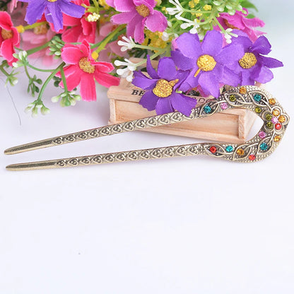 Vintage Antique Bronze Plated U-Shape Hairpin - Rhinestone Flower Hair Stick