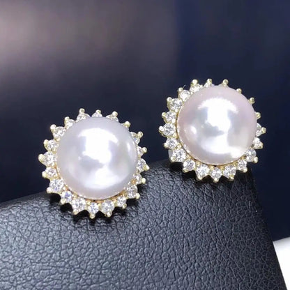 Pure 18K White Gold Natural Japan Origin Akoya 9-8mm White Round Pearl Earrings