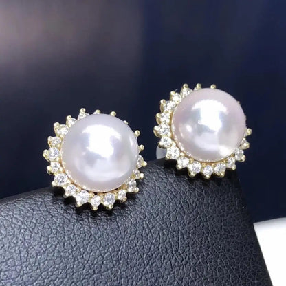 Pure 18K White Gold Natural Japan Origin Akoya 9-8mm White Round Pearl Earrings