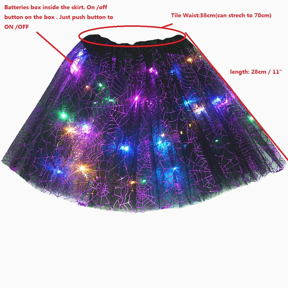 Women Kids Girl Luminous LED Glow Light Up Elf Witch Hat Star Skirt Spider Web Tutu Wizard Costume Party Gift Halloween Festival