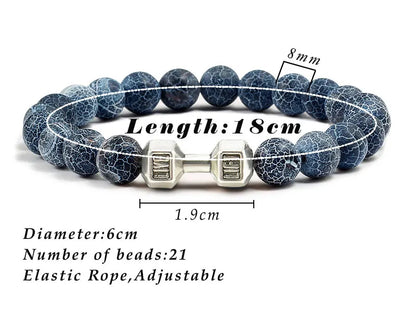 Natural Volcanic Stone Bracelet Men Matte Black Lave White Beads Charm Dumbbell Strand Bracelets Women Barbell Fitness Jewelry