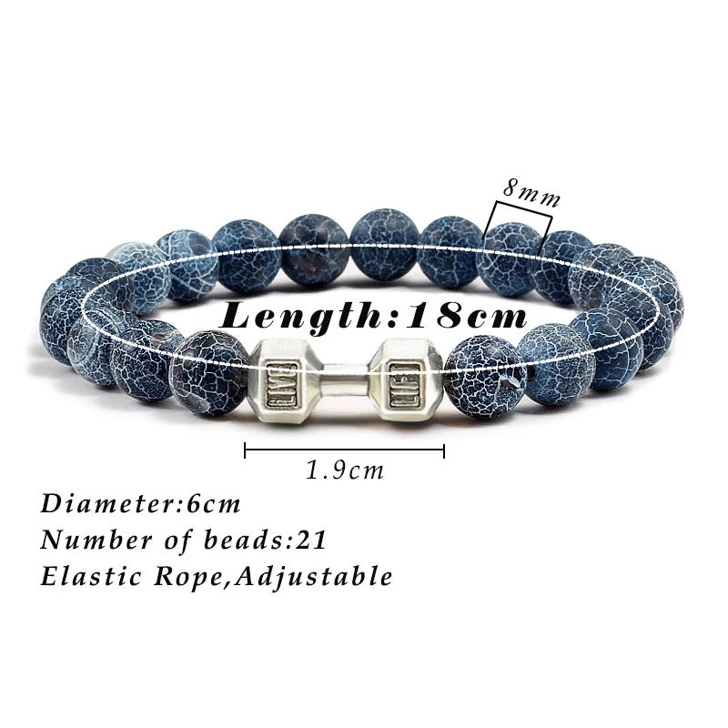 Natural Volcanic Stone Bracelet Men Matte Black Lave White Beads Charm Dumbbell Strand Bracelets Women Barbell Fitness Jewelry