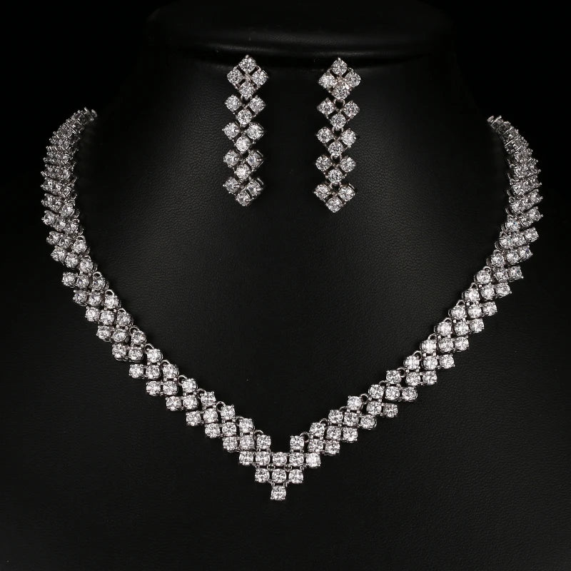 Zircon Crystal Rhinestone Stone Earrings Necklace Jewelry Set