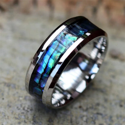 Fashion 8mm Stainless Steel Men Rings Silver Color Brushed Inlaid Abalone Shell Men Wedding Band Jewelry Gift Drop Shipping