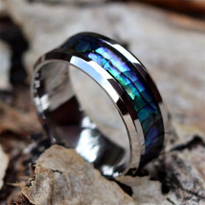 Fashion 8mm Stainless Steel Men Rings Silver Color Brushed Inlaid Abalone Shell Men Wedding Band Jewelry Gift Drop Shipping