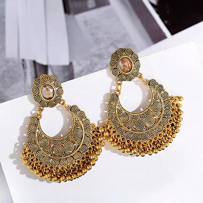 Vintage Gold Carved Flower Indian Jhumka Earrings with Ethnic Gypsy Tassels