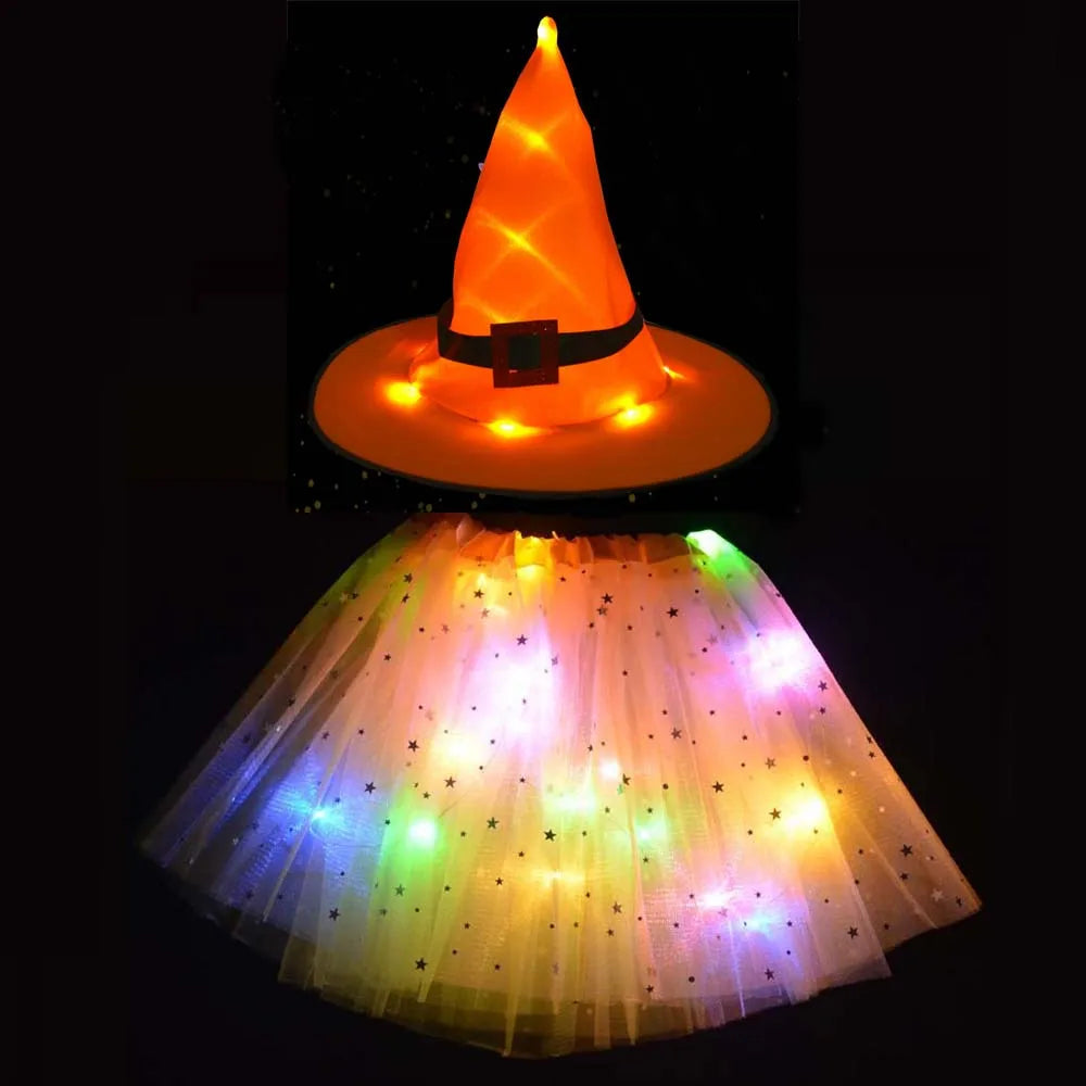 Women Kids Girl Luminous LED Glow Light Up Elf Witch Hat Star Skirt Spider Web Tutu Wizard Costume Party Gift Halloween Festival