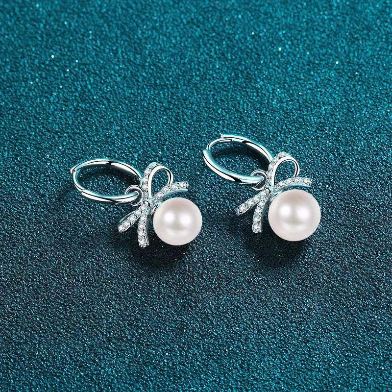 14K White Gold Plated Moissanite Pearl Bow-Knot Stud Earrings