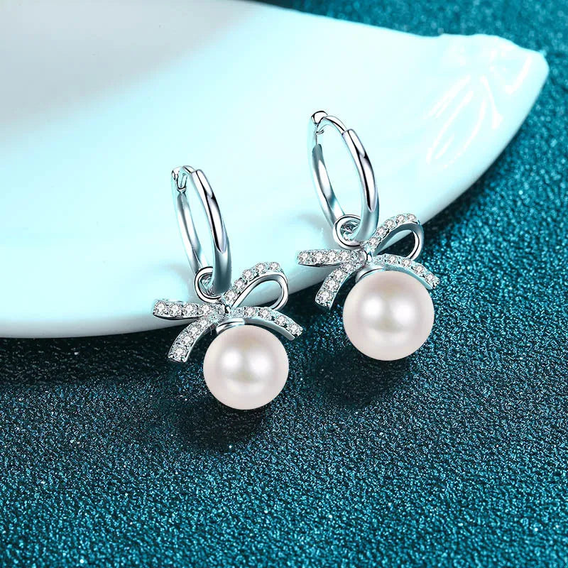 14K White Gold Plated Moissanite Pearl Bow-Knot Stud Earrings