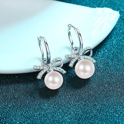 14K White Gold Plated Moissanite Pearl Bow-Knot Stud Earrings