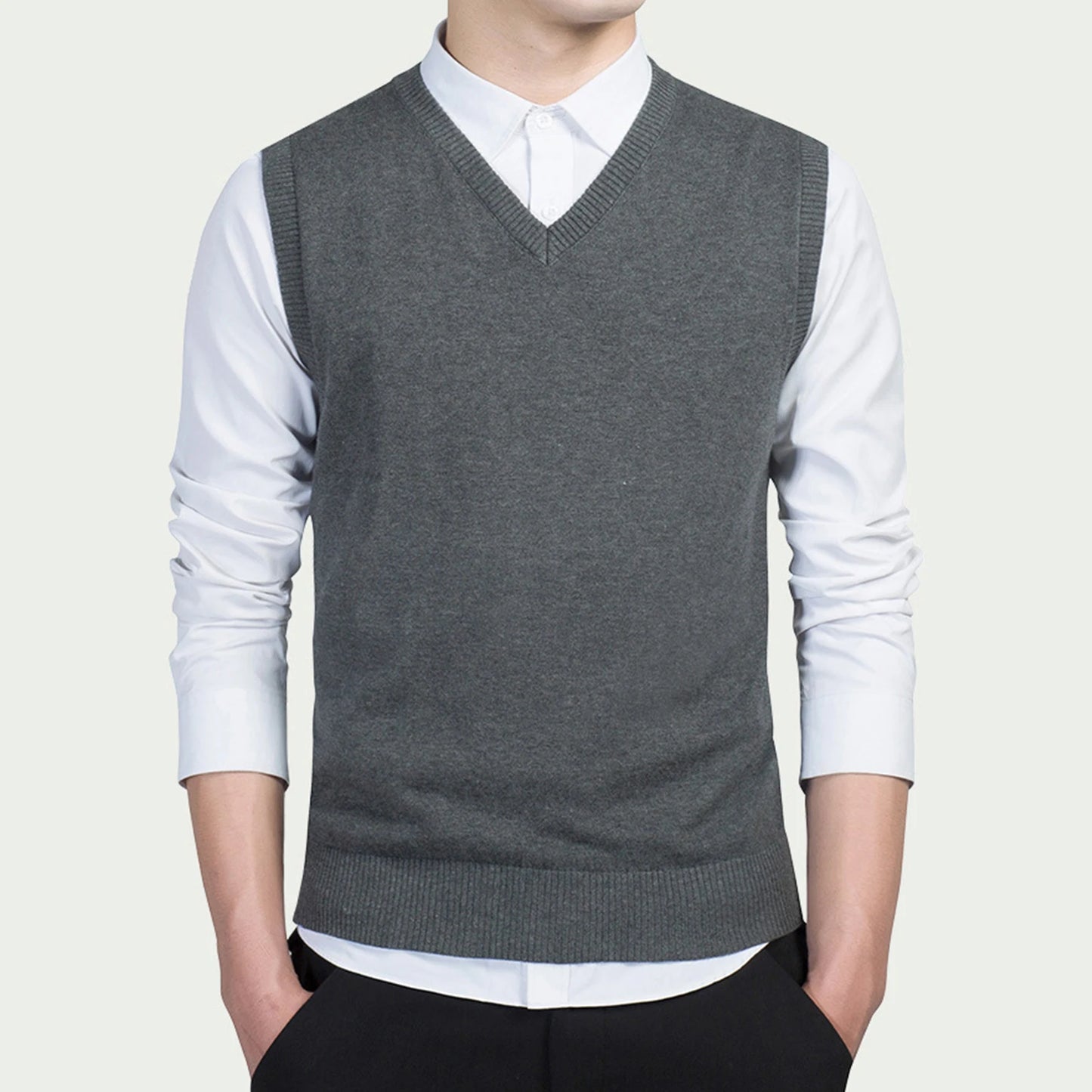 Men Autumn Winter Solid Color Sleeveless V Neck Knitted Sweater Business Vest