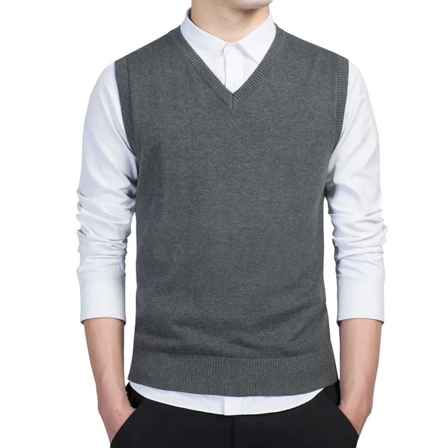 Men Autumn Winter Solid Color Sleeveless V Neck Knitted Sweater Business Vest