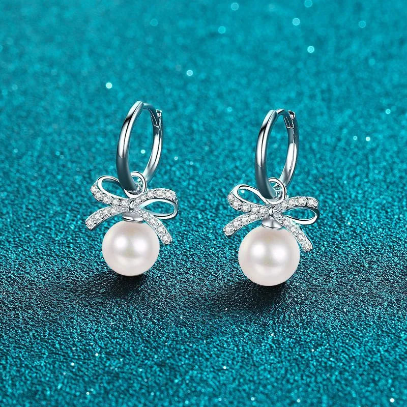 14K White Gold Plated Moissanite Pearl Bow-Knot Stud Earrings