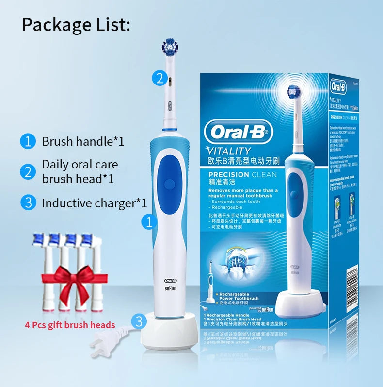 Oral B Electric Toothbrush 2D Rotary Vibration Clean Charging Tooth Brush Cross Action Bristle Oral Care 4 Gift Brush Heads Free