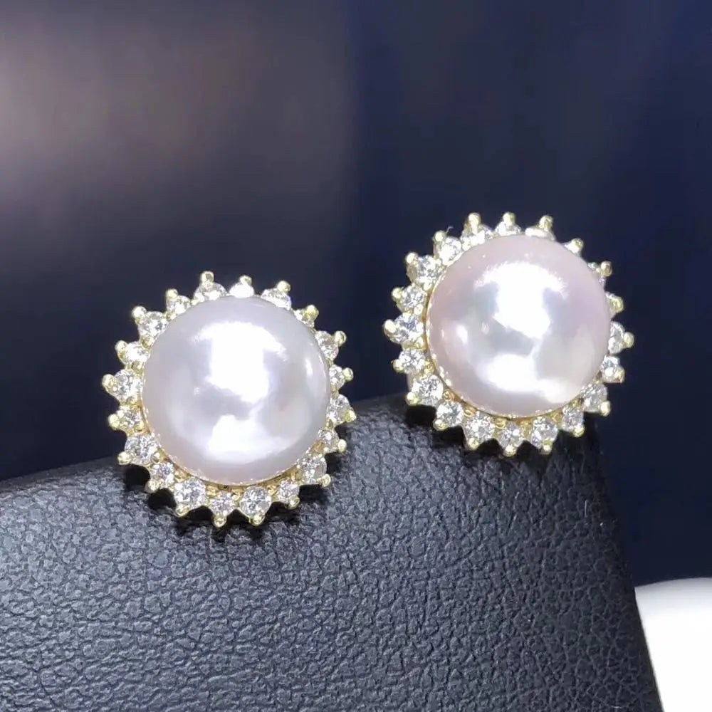 Pure 18K White Gold Natural Japan Origin Akoya 9-8mm White Round Pearl Earrings